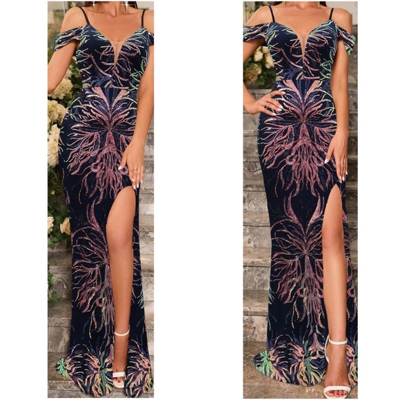 Luxe Baby Blue Sequin Cold Shoulder Party Evening Wedding Prom Dress - Picture 11 of 13